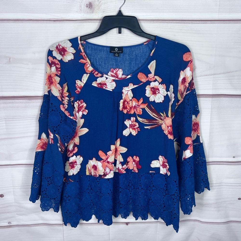 Curations Top Womens XL Blue Floral Blouse Crochet Trim Crinkle Pullover Woven
